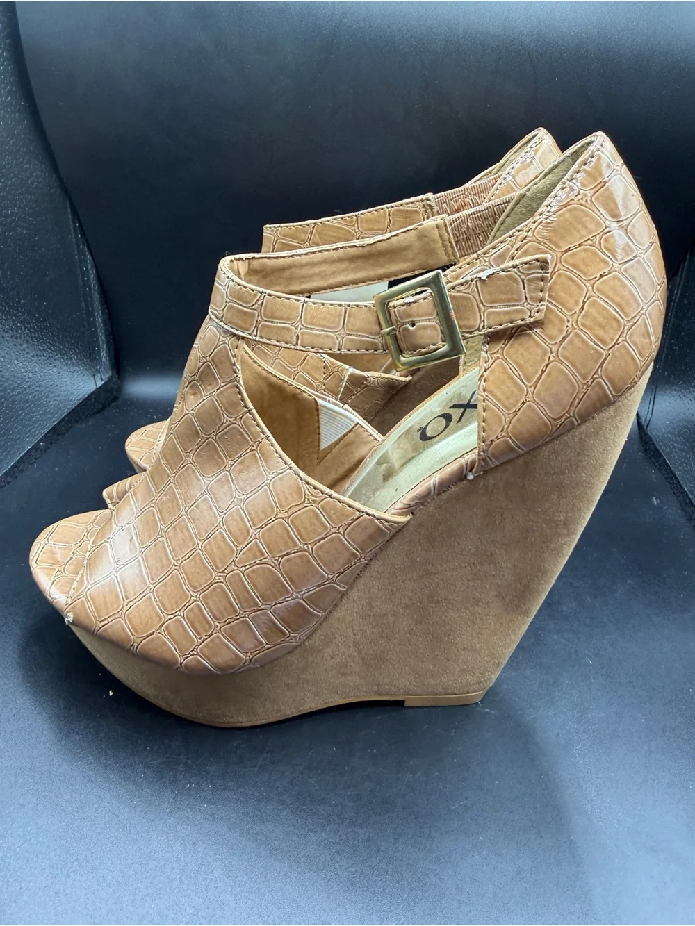 XOXO Rusty Beige Croc-Embossed Wedge Heels